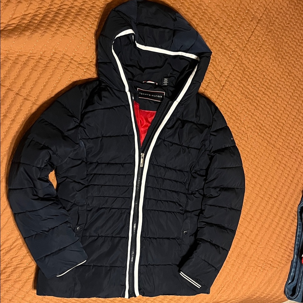 Tommy Hilfiger Navy Blue Winter Coat with Red and White Accents